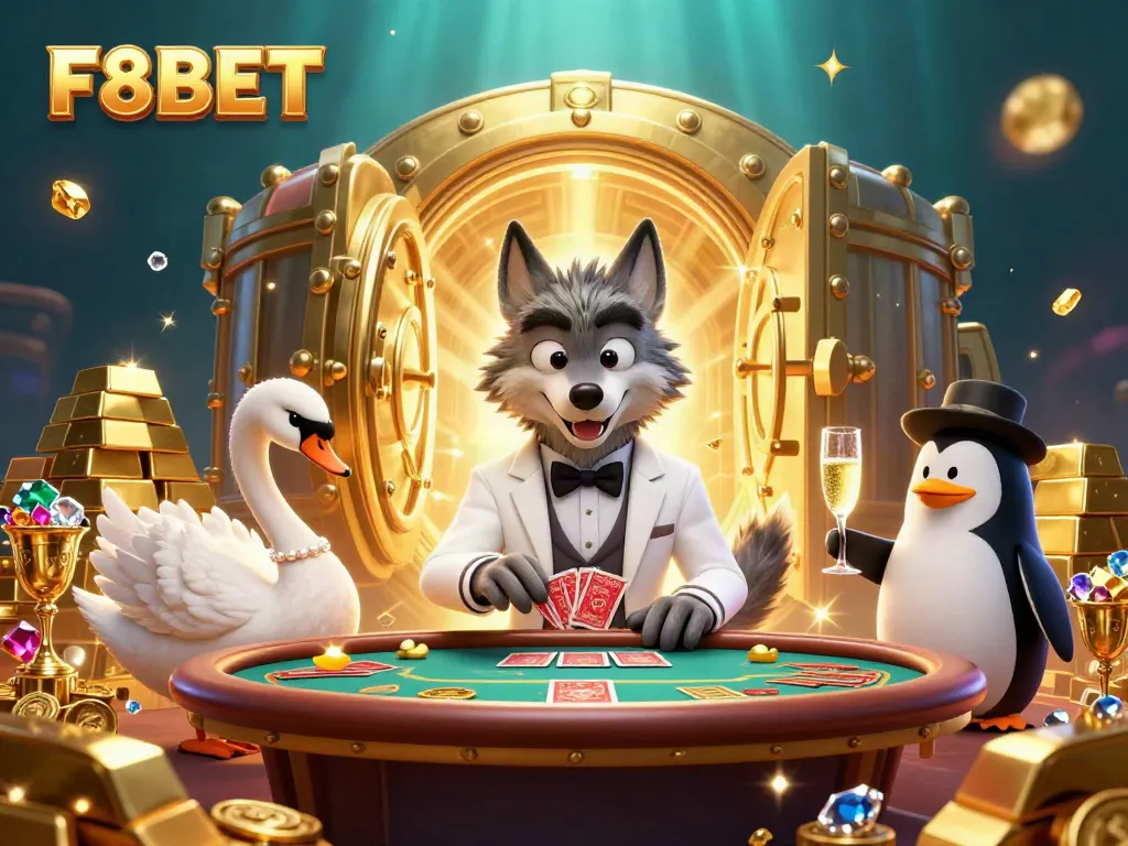 Experience the excitement of playing at F8BET with stylish characters celebrating at a lavish casino scene.