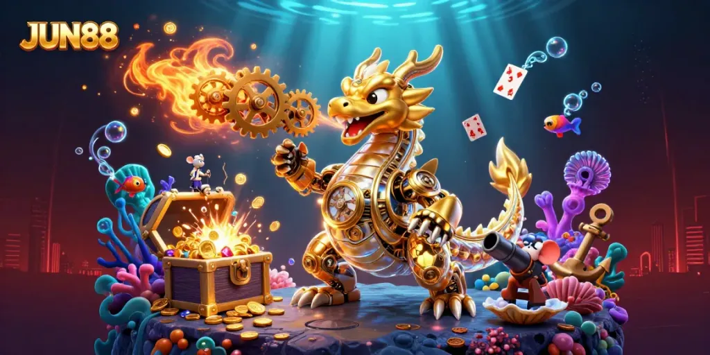 Experience thrilling gameplay with JUN88's vibrant casino scene featuring a golden dragon and floating cards.