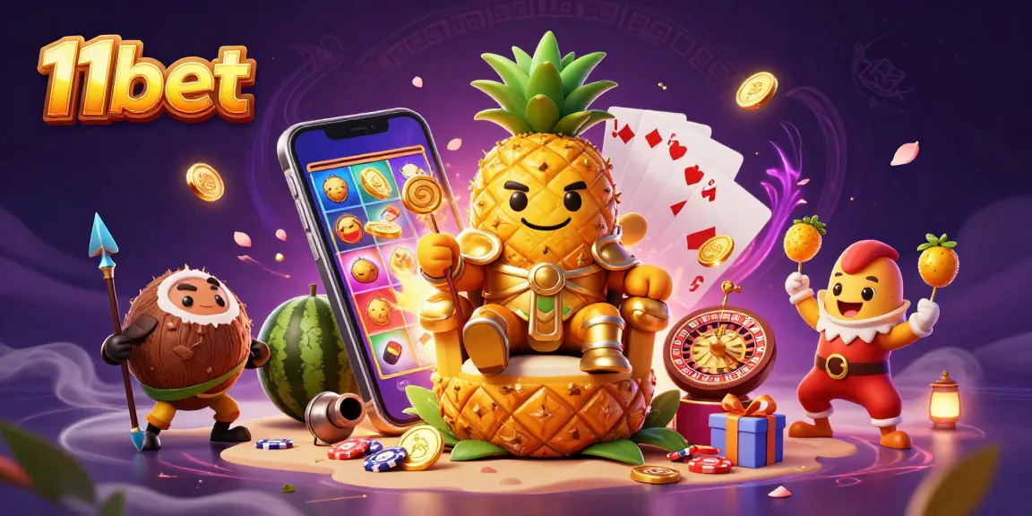 Experience exciting gaming action at 11bet with a vibrant casino scene featuring tropical characters.