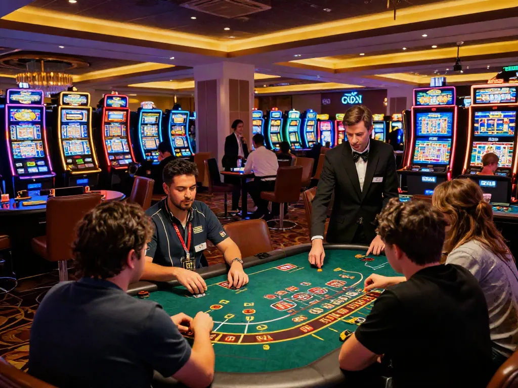 Exciting scene at a casino not on GamStop with players at tables and slot machines.
