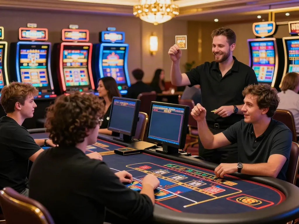 Players celebrating at a casino not on GamStop, showcasing excitement and interaction in a vibrant gaming environment.