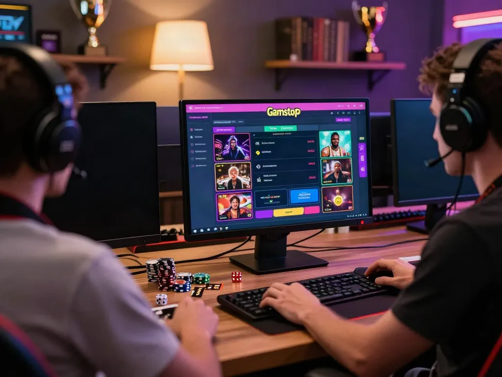 The computer screen shows a casino not on Gamstop interface with vibrant graphics, while a gamer engages in online gaming.