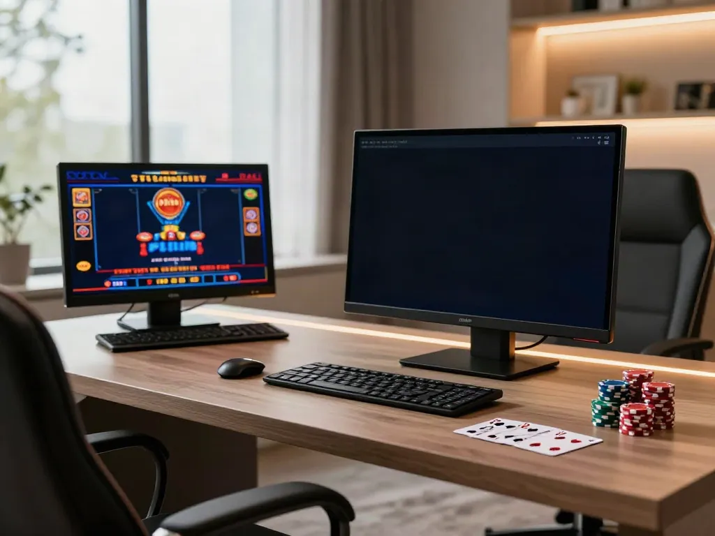 Engaging gaming setup with casino not on gamstop games, poker chips, and modern decor.