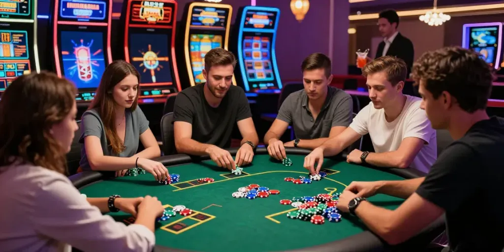 Casino not on GamStop scene with friends enjoying poker and vibrant gaming atmosphere