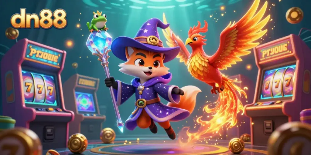 Experience thrilling gameplay with dn88, showcasing a vibrant wizard fox and phoenix, surrounded by dazzling casino elements.