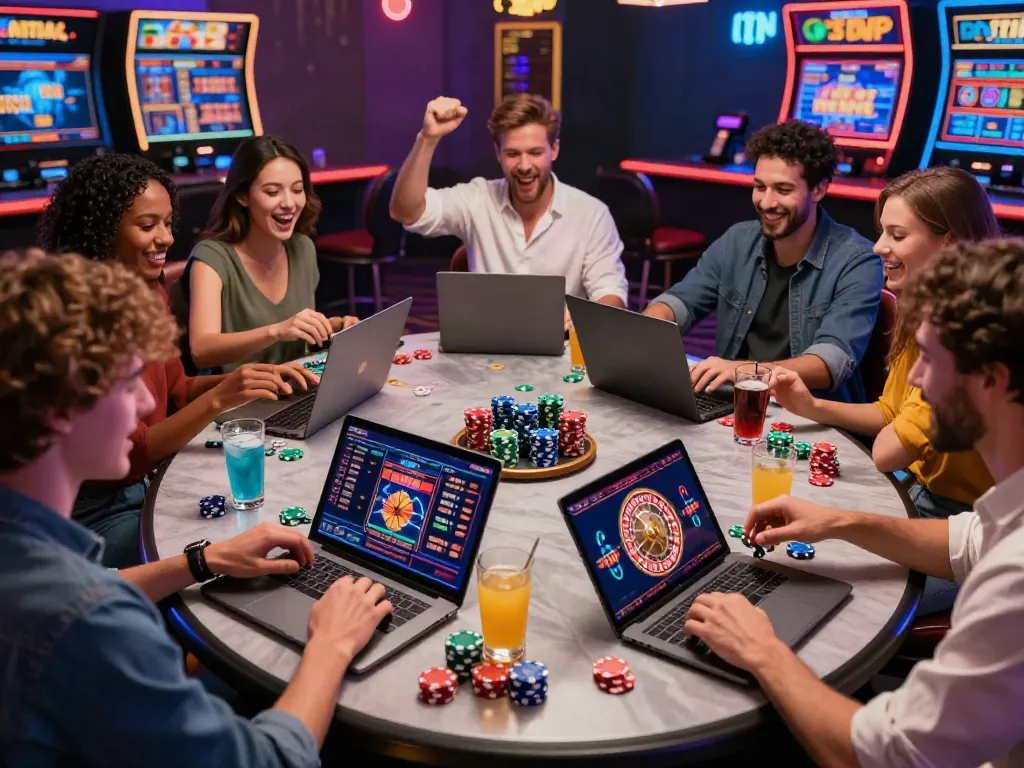 Friends enjoying casino games online not on Gamstop with vibrant atmosphere