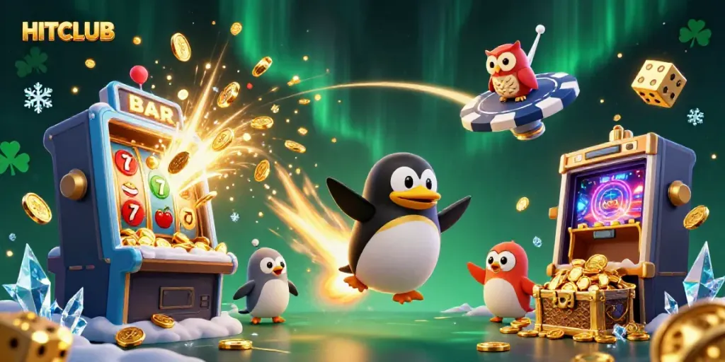 Experience explosive wins with HITCLUB's vibrant 3D penguin and casino adventure, showcasing exciting gaming elements.