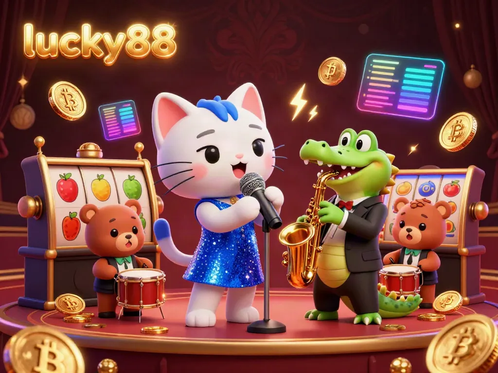 Engage with the vibrancy of lucky88's gaming scene featuring a jazz-singer cat and lively characters.