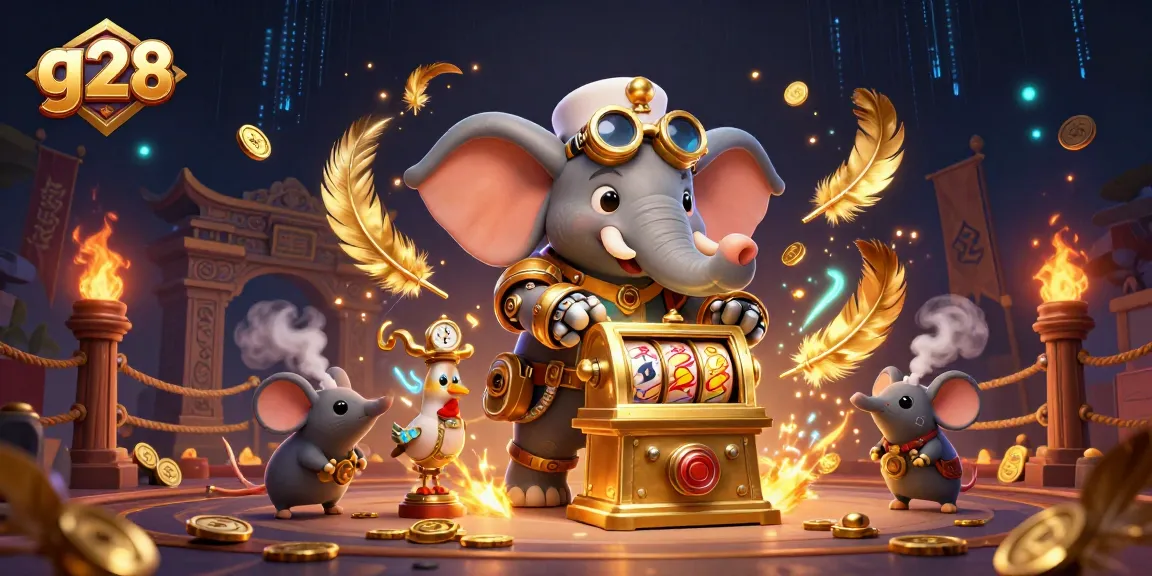 Engage with g28 through a vibrant 3D steampunk casino scene showcasing dynamic slot machine action.