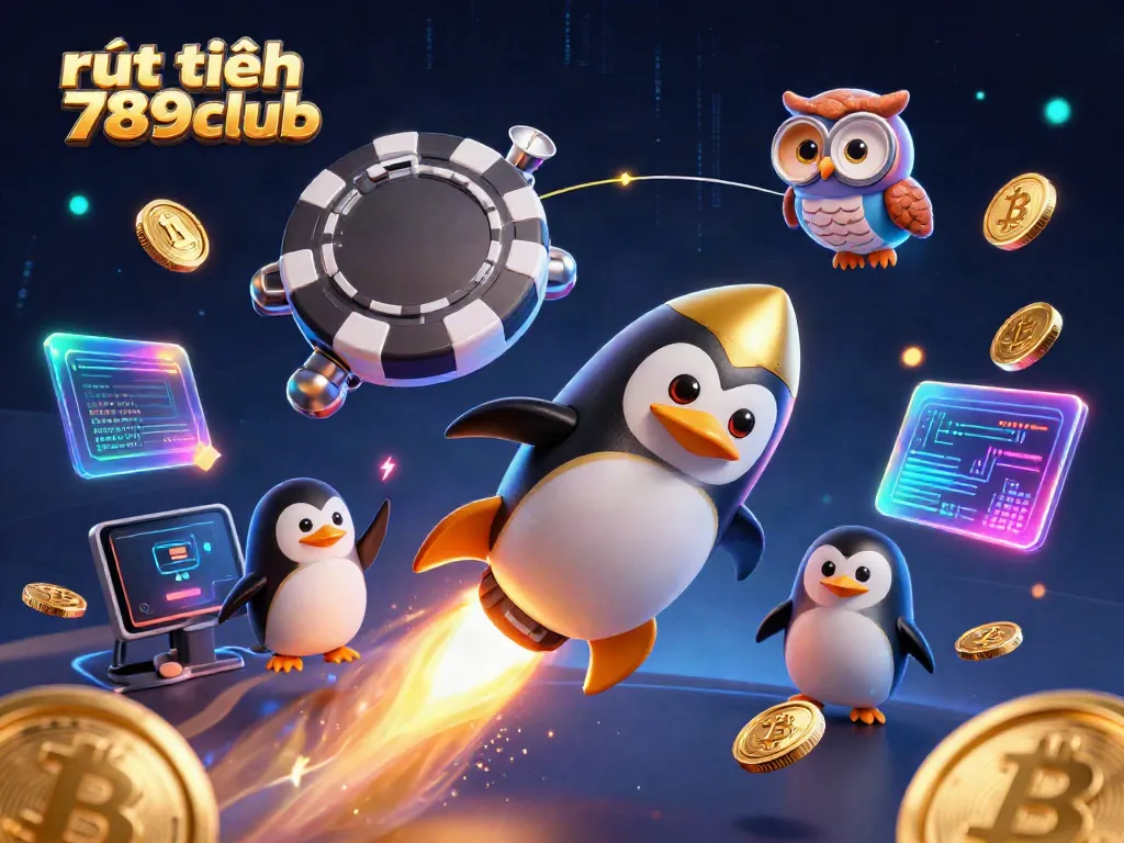 Experience rút tiền 789club with a vibrant illustration showcasing gold coins and a dynamic casino rocket scene.