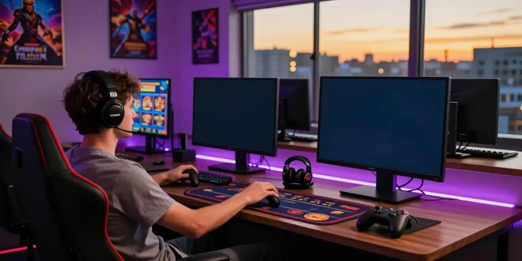 Player enjoying online casino games not on GamStop in a vibrant gaming setup.