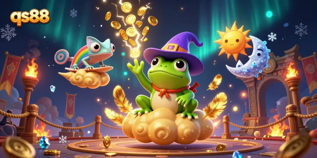 Engage in the thrilling qs88 casino experience as the weather wizard frog unleashes golden coin storms.