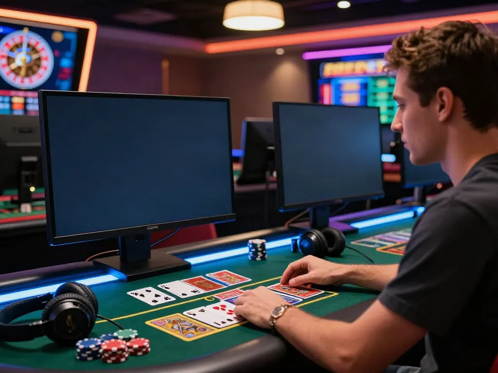Engaging scene of a player at a casino not on GamStop, enjoying live dealer games with vibrant gaming elements.