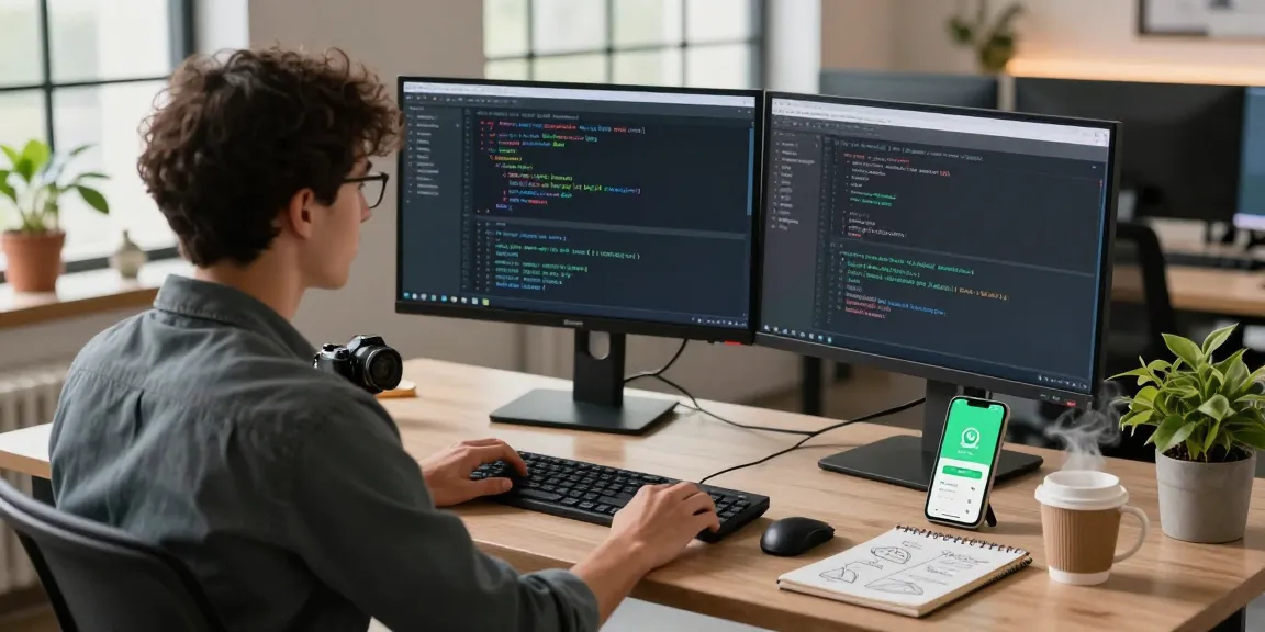 WhatsApp下載 workspace with developer coding on monitors, coffee, and smartphone notifications.