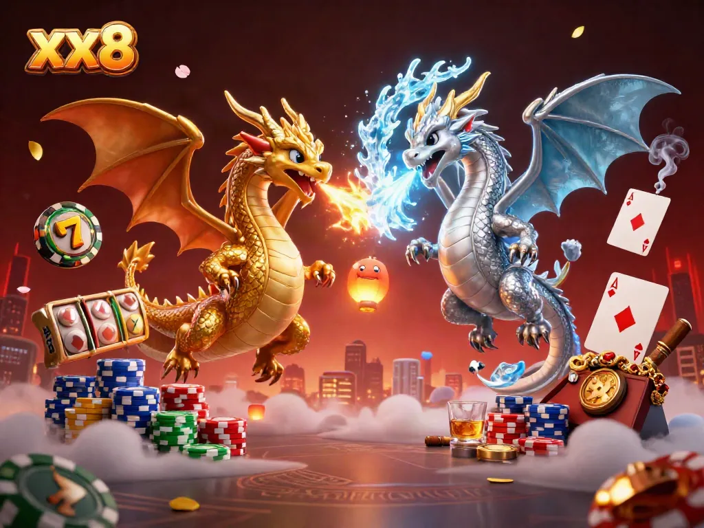 Engage with the thrilling world of xx8 featuring golden and silver dragons amidst vibrant slot reels