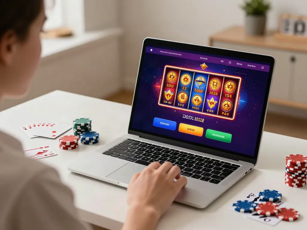 User exploring an exciting online casino not on GamStop with gaming elements in a stylish home office.