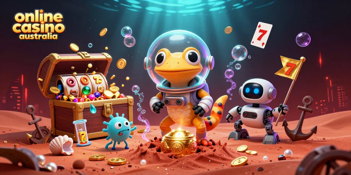 Experience the excitement of online casino australia with a Martian gecko discovering a golden casino.