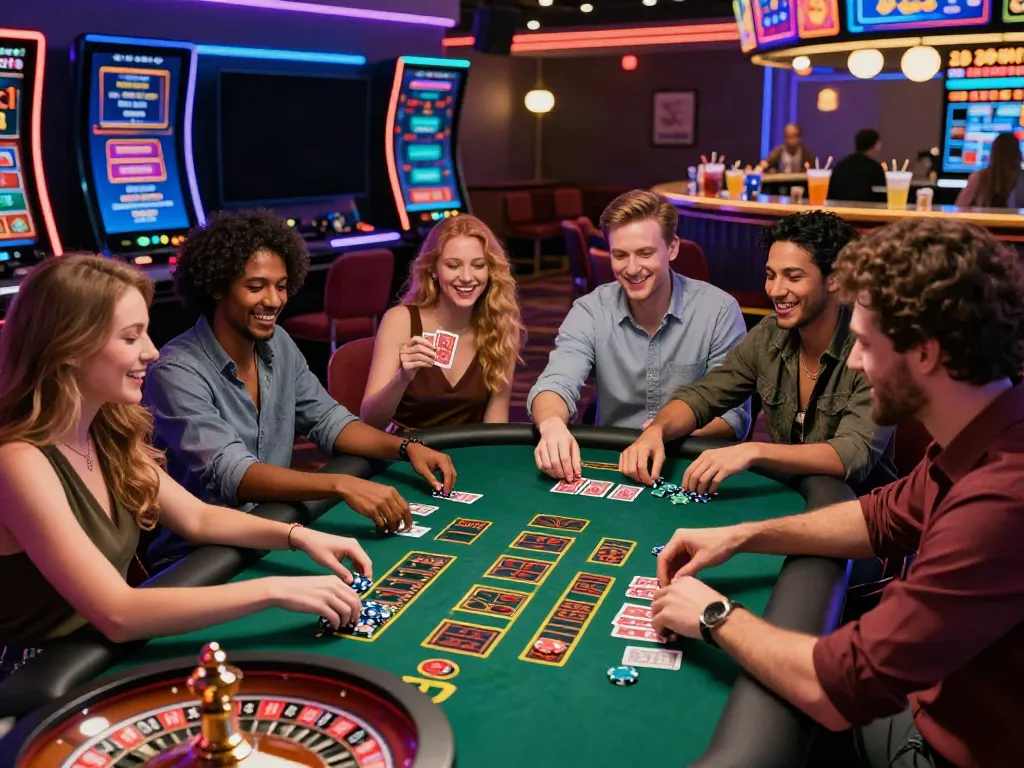 Group of friends enjoying games at a lively casino not on GamStop