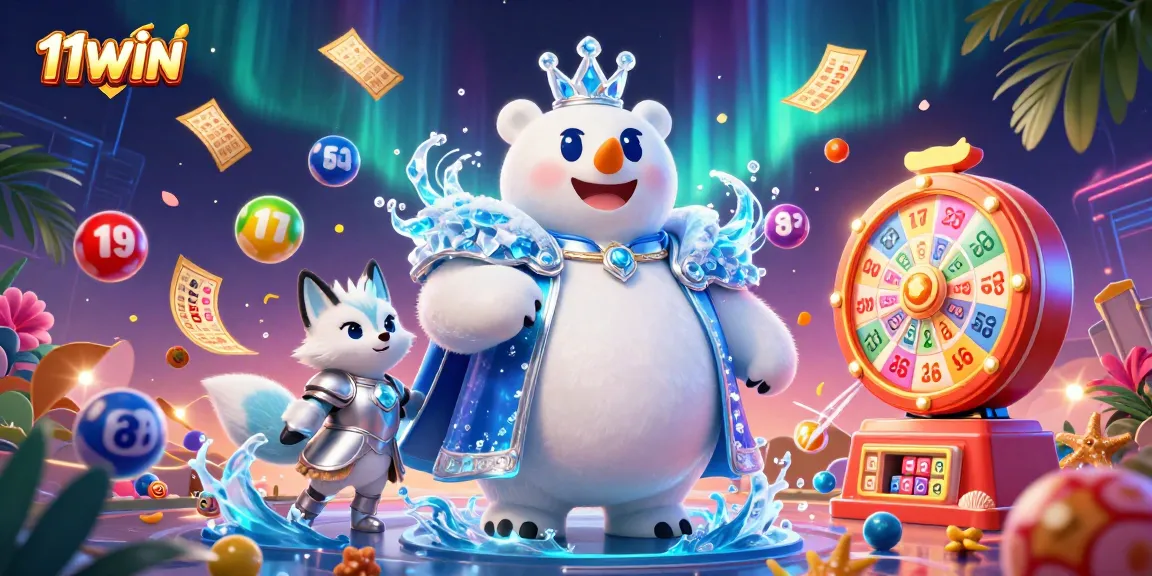 Experience the allure of 11WIN with a dynamic lottery-themed scene featuring vibrant characters and game elements.