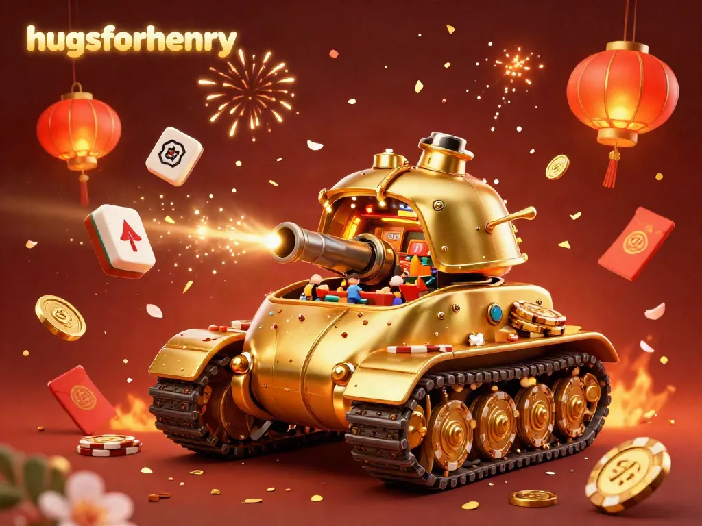 Experience the thrilling scene of gambling with hugsforhenry featuring a golden tank casino filled with dynamic gaming elements.