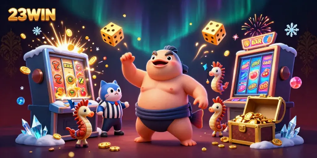 Energetic underwater casino scene showcasing 23WIN with a fugu in a sumo belt, catfish referee, and dynamic game elements.