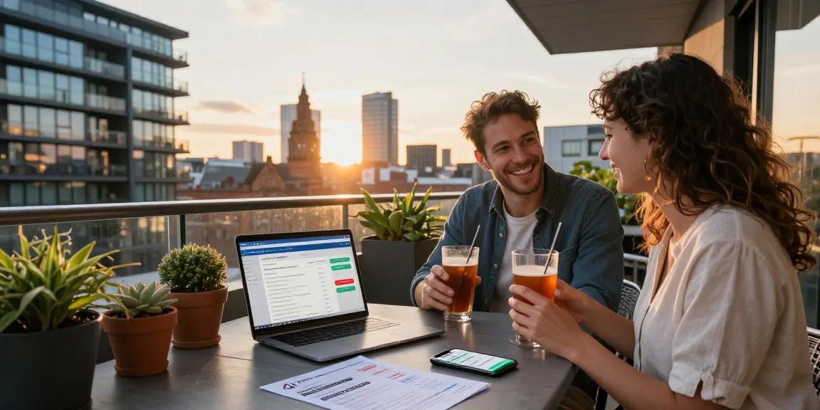 Managed Airbnb hosting Manchester with a couple enjoying their balcony and discussing rental success against the vibrant city backdrop.