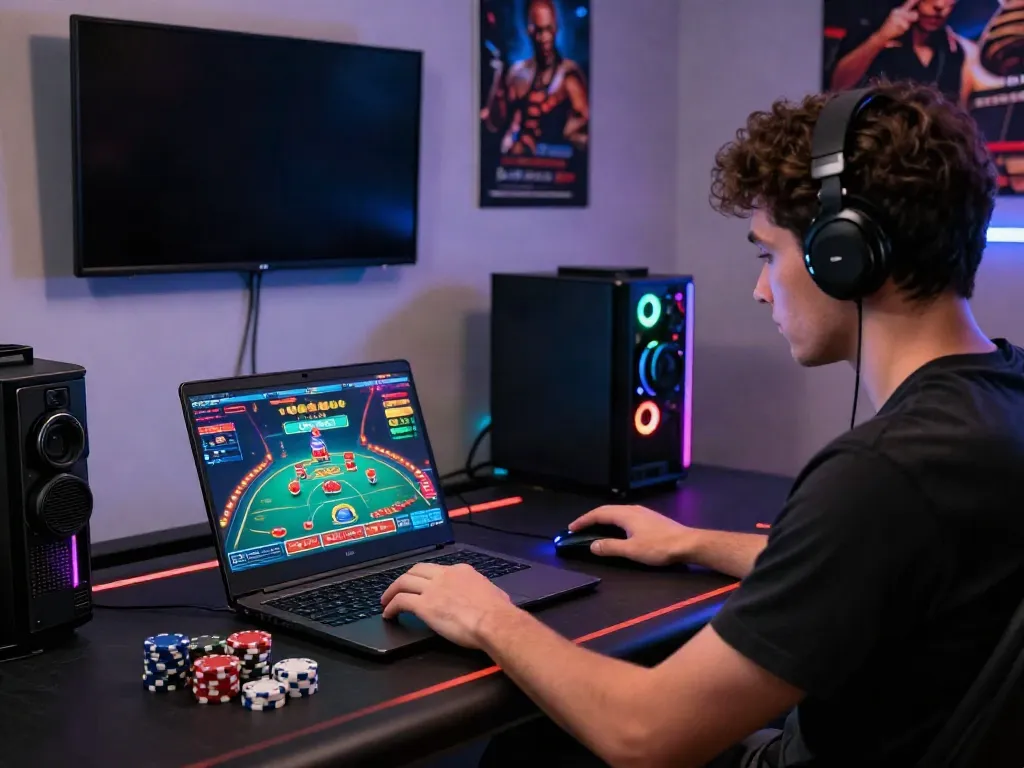 Engaging player enjoying casino games not on GamStop at modern gaming desk.