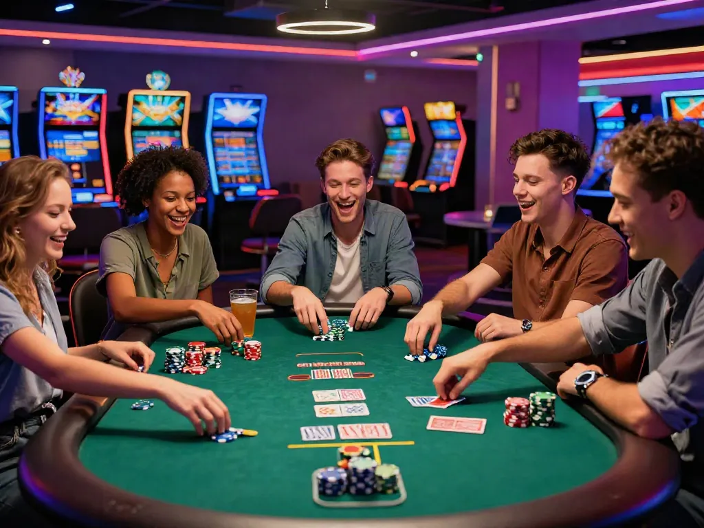 Group of friends enjoying a game at a casino not on gamstop with vibrant lights and chips.