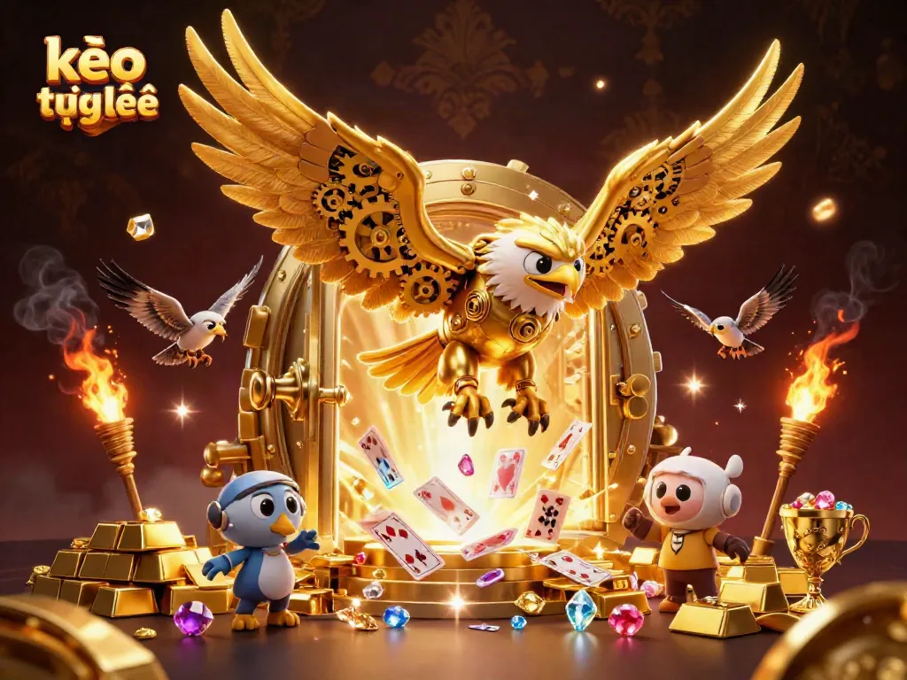Experience thrilling kèo trực tuyến with a golden eagle diving through holographic cards amidst a treasure scene.