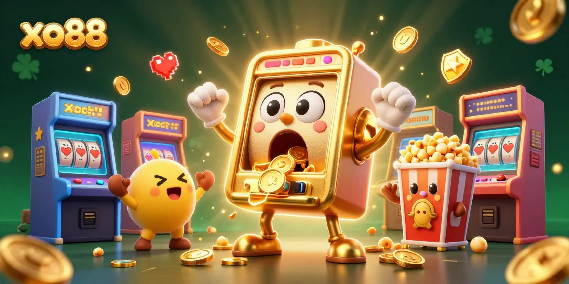 Experience the excitement of xo88 with a golden slot machine celebrating its jackpot amidst a vibrant casino scene.