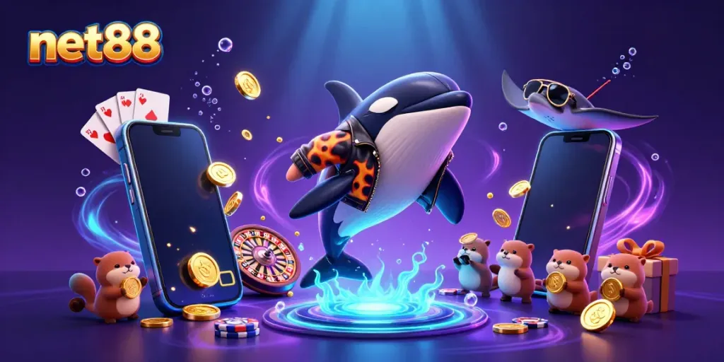 Join the fun at net88 with vibrant gaming characters and thrilling casino game elements.