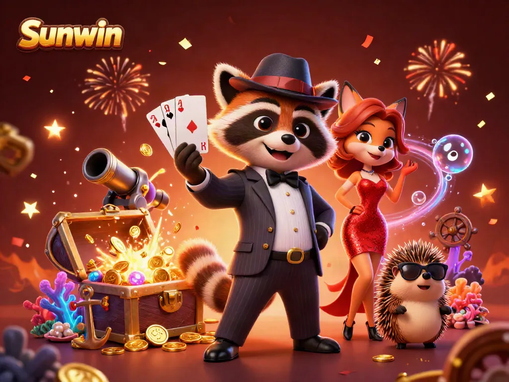 Experience the excitement of Sunwin with raccoon and fox characters in a vibrant casino setting.