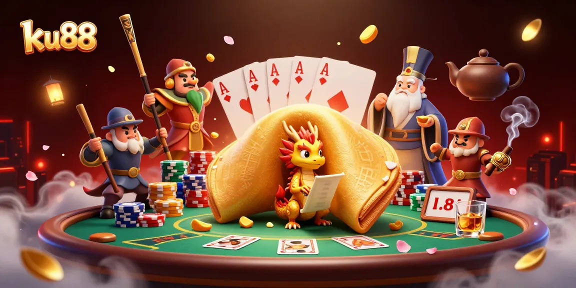 Engage with ku88’s vibrant casino scene featuring a golden fortune cookie and poker elements.