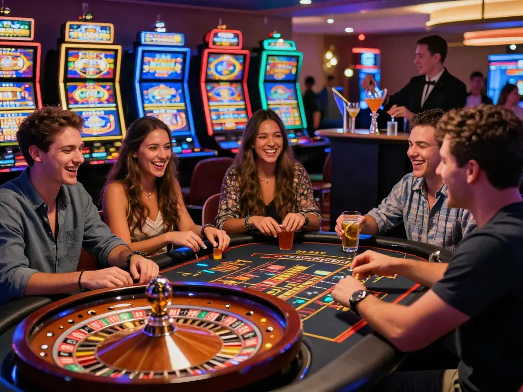 Friends enjoying a lively gaming experience at a casino not on Gamstop with vibrant slot machines.