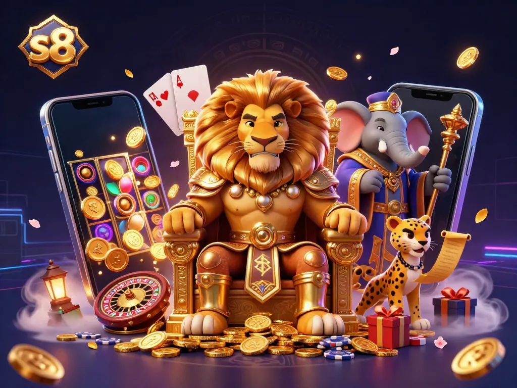 Experience the vibrant action of s8 with a cartoon lion king, elephant advisor, and cheetah messenger in a rich casino scene.