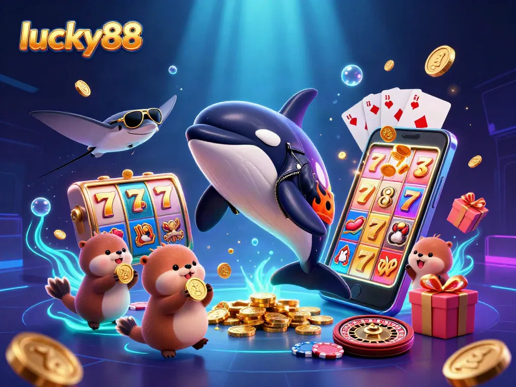 Engage with lucky88's vibrant gaming scene, showcasing action from slots and characters in dynamic underwater fun.