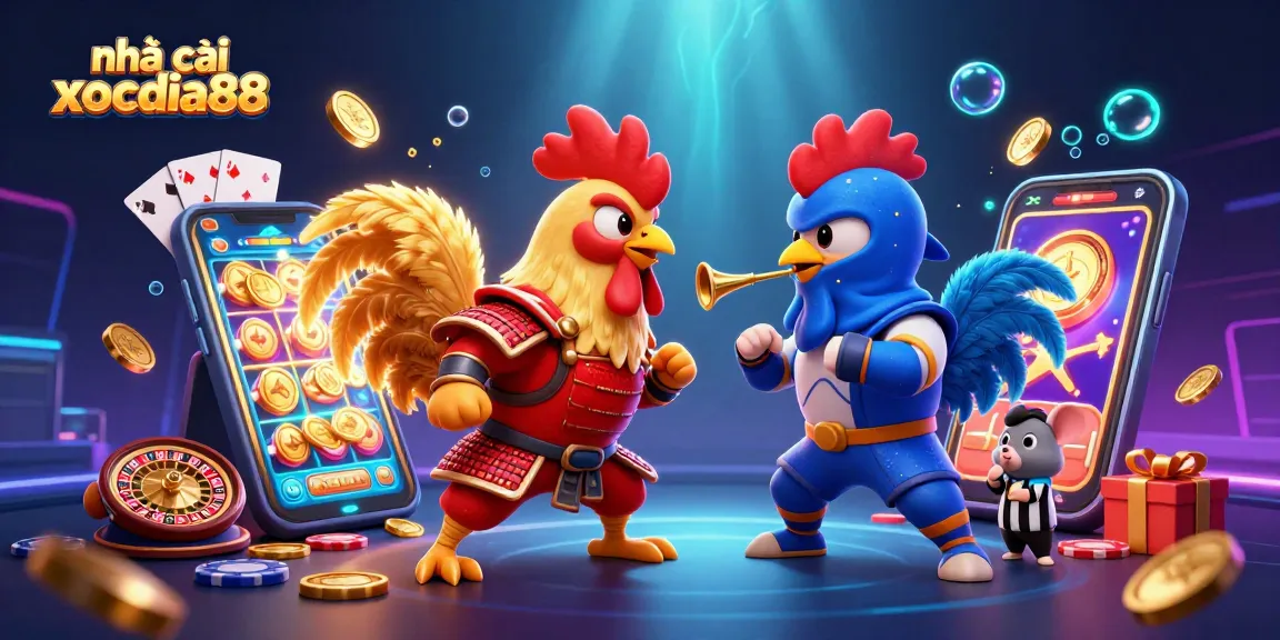 Experience thrilling betting at nhà cái xocdia88 with roosters fighting and vibrant game elements surrounding them.