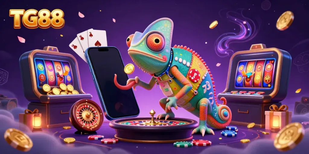 Experience thrilling games at TG88 with a colorful casino scene featuring dynamic elements and exciting characters.