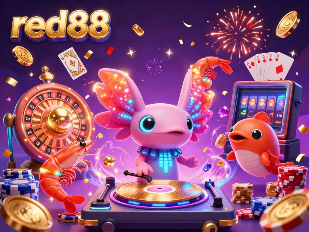 Spin to win with red88 in this vibrant 3D illustration featuring lively casino elements.