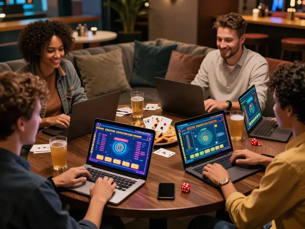 Group enjoying an online game experience at a casino not on Gamstop in a lively lounge setting.