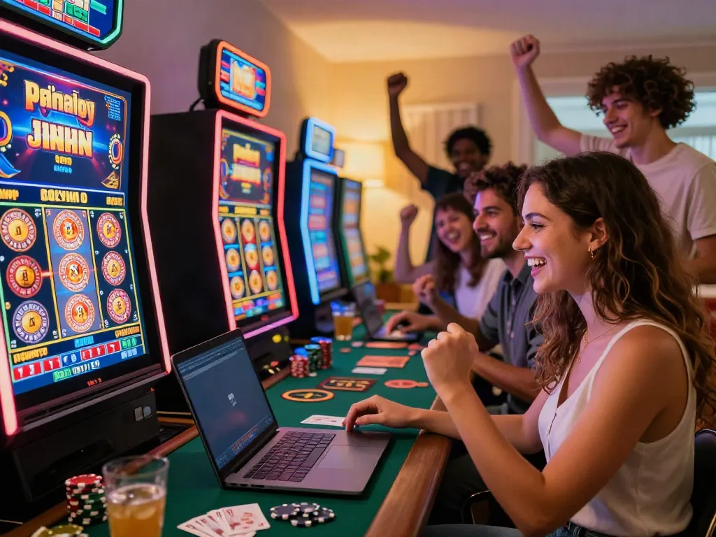 Celebration at a casino not on GamStop as players enjoy online games in a cozy environment.