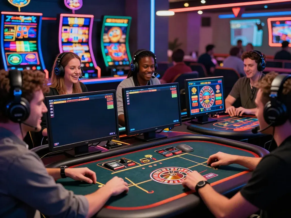 Players enjoying a thrilling game at a casino not on gamstop, with vibrant screens and lively expressions, showcasing modern gaming.