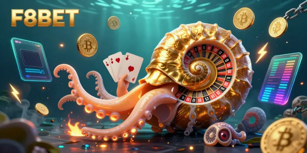 Experience the excitement of F8BET with a vibrant illustration of a nautilus roulette wheel surrounded by cryptocurrency symbols.