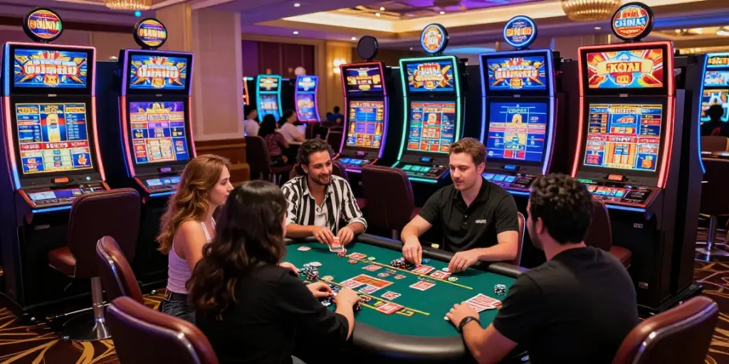 Players enjoying games at a casino not on GamStop, vibrant atmosphere with slot machines and card tables.