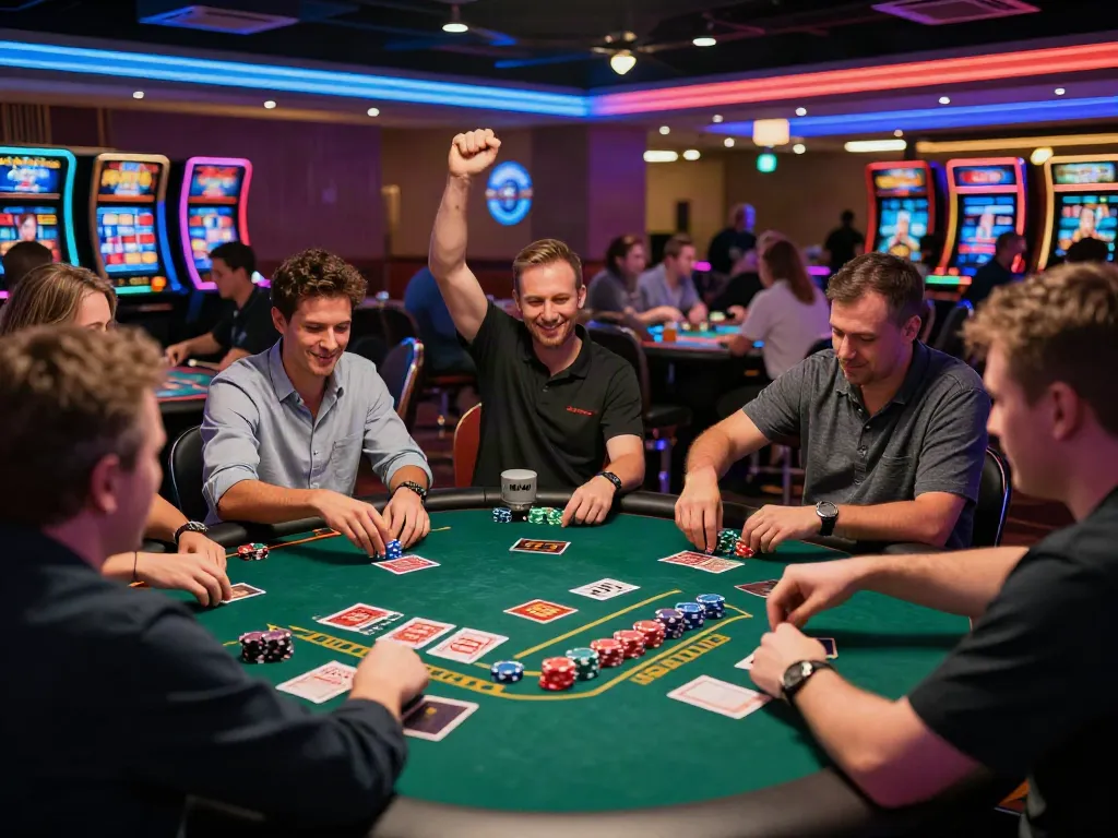 Exciting gaming scene at a vibrant casino not on Gamstop, with players celebrating wins and engaging at tables.