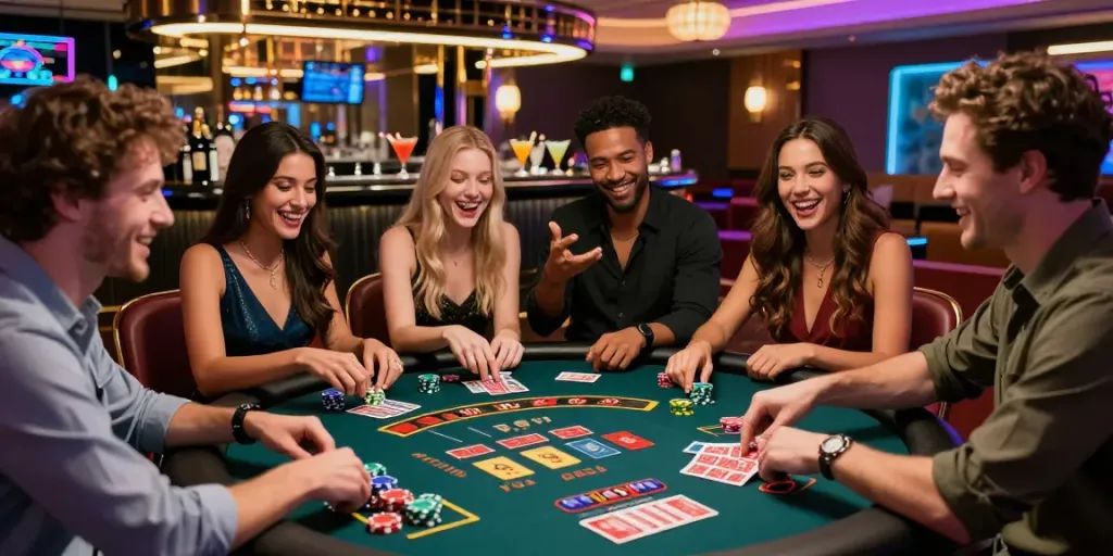 Exciting atmosphere at a casino not on GamStop with friends enjoying table games.