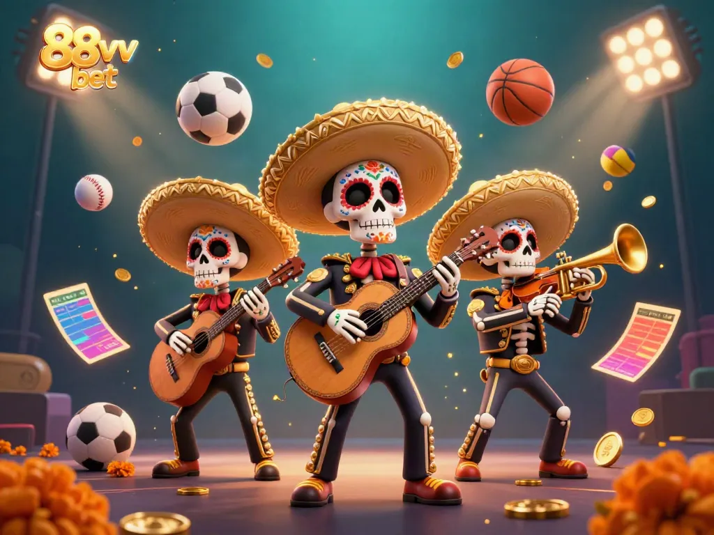 Experience the thrill of 88vv bet with festive mariachi characters amidst dynamic sports elements.