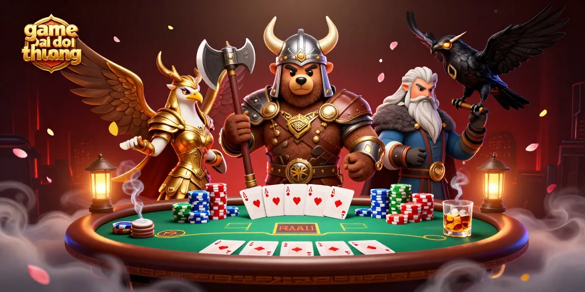 Experience the excitement of game bai doi thuong with Viking and eagle characters in a dynamic poker scene.