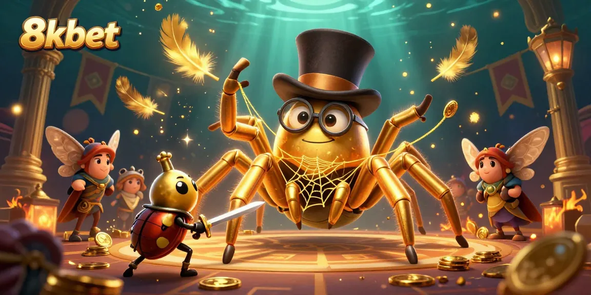 Experience thrilling games at 8xbet as a golden tarantula spins a web of adventure in a vibrant casino scene.
