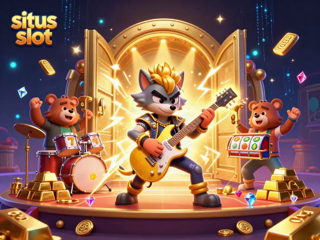 Experience the excitement of situs slot with vibrant characters and dynamic slot games amidst golden treasures.